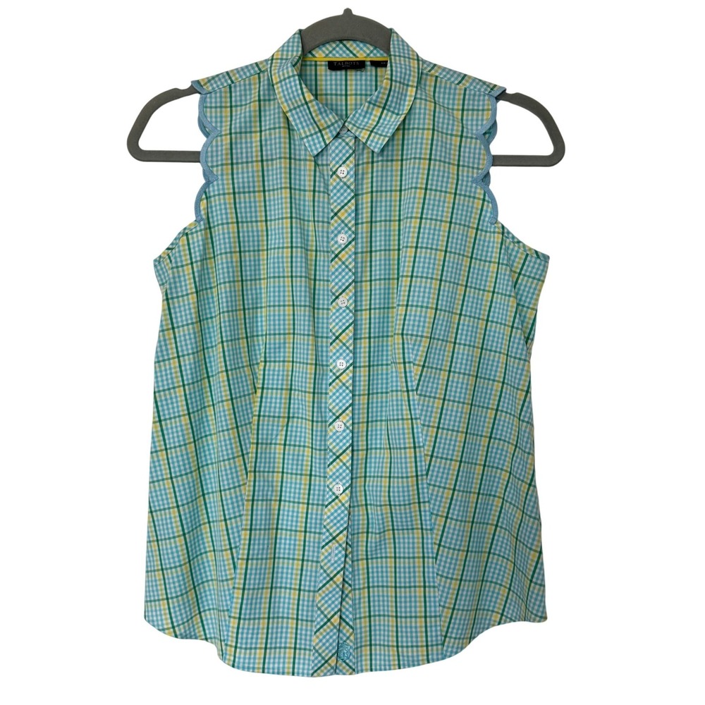 Talbots Petites Sleeveless Gingham Plaid Button Up Shirt S Scalloped Preppy Chic